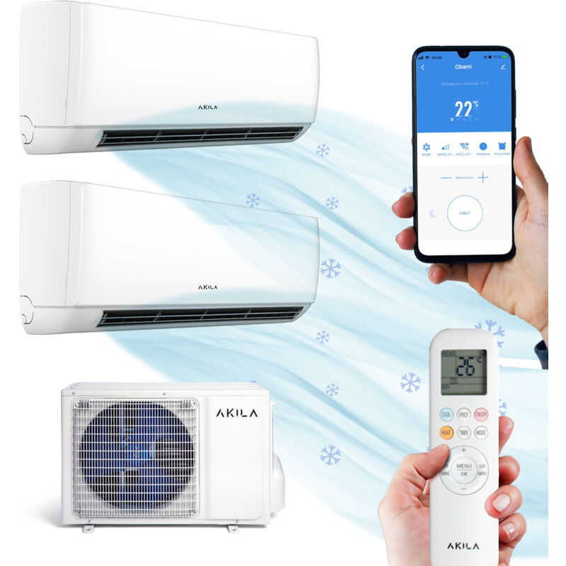 Obami - Climatiseur réversible fixe - Bi-split - 6200W - 21000BTU - 40m2 + 30m2 - Gaz R32 - 4D Airflow - Golden Fin - Wifi