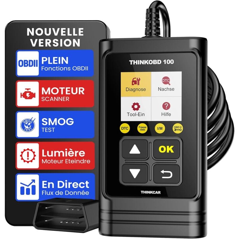OBD 100 Scanner Auto Diagnostic OBD2 / EOBD/Can pour Lire et Effacer Les Codes d’Erreur du Moteur, Testeur d'EVAP et de Capteur d'O2 avec Recherche