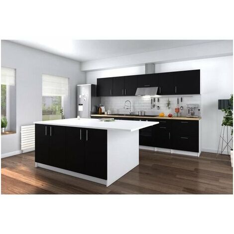 OBI Ilot central avec plan de travail L 160 cm - Blanc et noir mat