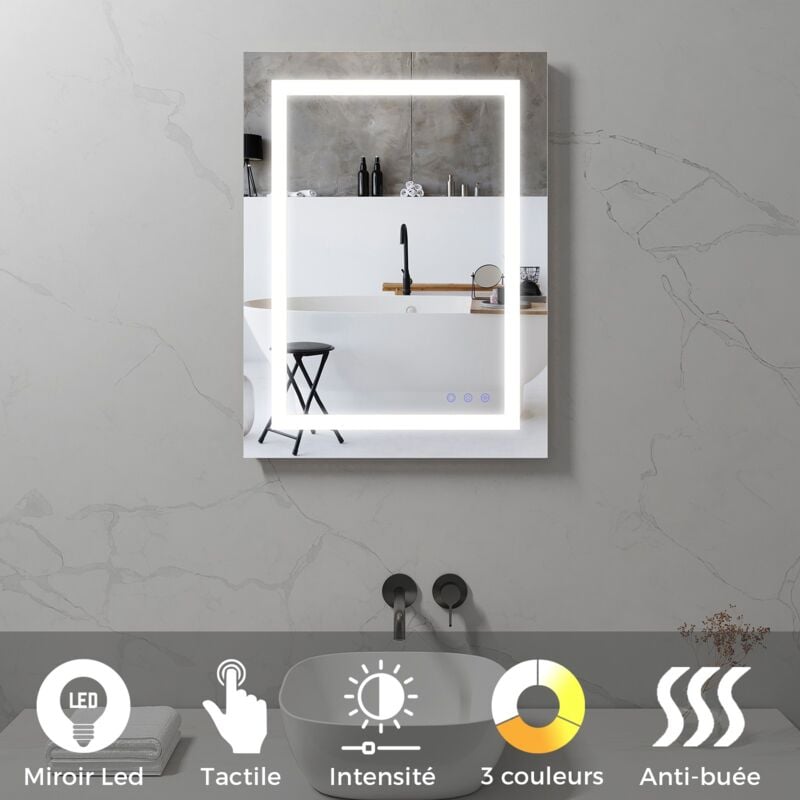 Saniverre - oblong Miroir led salle de bain 70 x 90 cm réversible, anti-buée + éclairage et intensité réglables