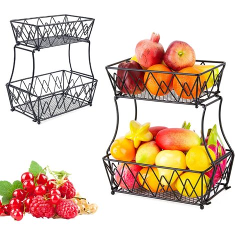 Obstkorbständer, 2 Etagen, Obstschale aus Metall, Servierständer, rund, schwarz, doppellagiger Obstkorb, quadratischer Obstkorb im europäischen Stil für Feiertage