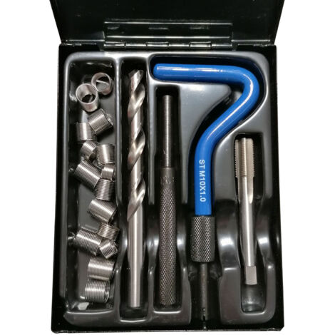 Oc-Pro – Kit de filets rapportés M10 x 100 – Acier inoxydable – 15 filets assortis – Pour réparation de filetages abîmés