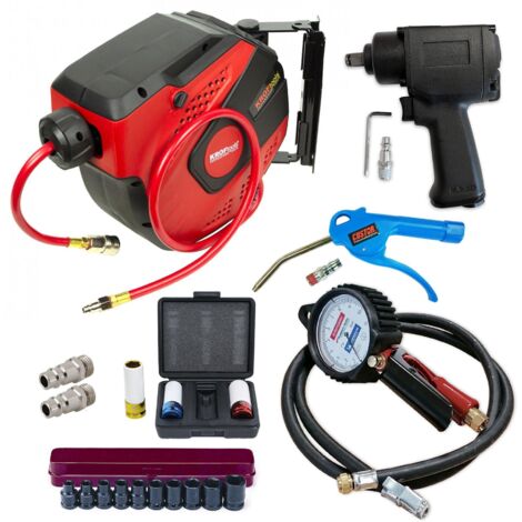 Oc-Pro – Kit pneumatique 19 pièces – Pistolet de gonflage avec manomètre – Clé à chocs 520Nm – Enrouleur d'air comprimé 10m – Douilles 11-24mm - 19pcs