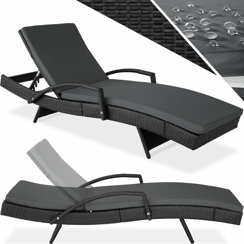 Rattan garden sun lounger Océane 5 step backrest - reclining sun lounger, garden lounge chair, sun chair - black - black