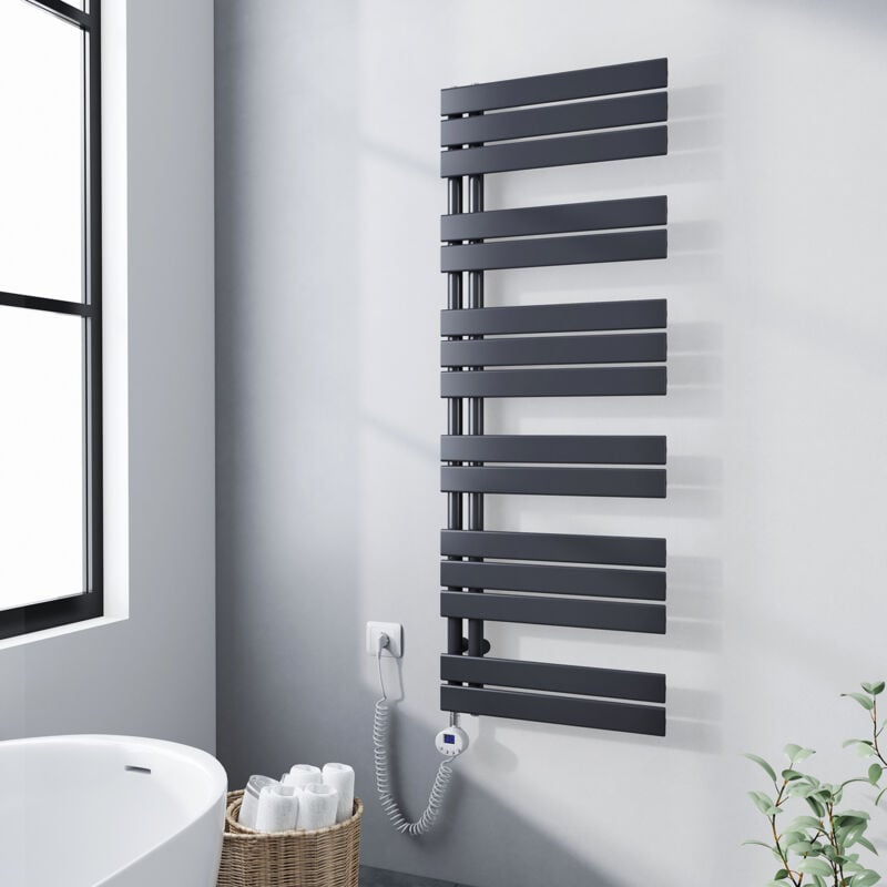Meykoers - jamais utilisé] Sèche-serviette électrique 1385 x 500 mm Anthracite Radiateur sèche-Serviettes Avec 800W élément chauffant - Lames plates