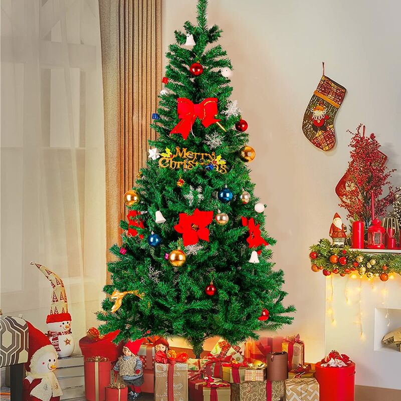 Jamais utilise] Sapin de Noël Artificiel de 180 cm avec 600 Branches Décoration de Noël réutilisable + 6m Guirlande led + 6 Boules +12 pcs noeuds