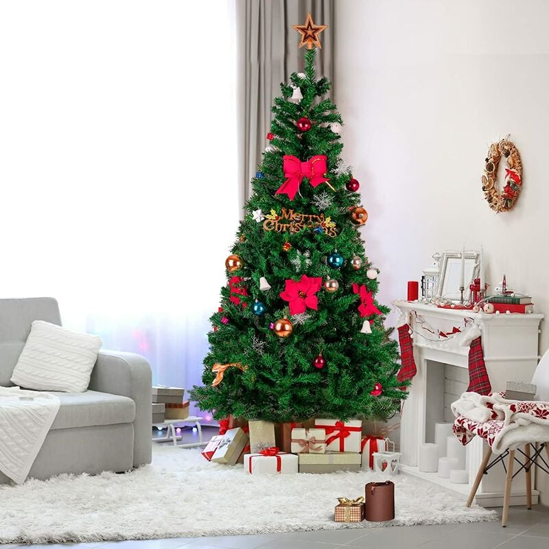 Occasion] Sapin de Noël Artificiel de 210 cm avec 1000 Branches Décoration de Noël réutilisable + 6m Guirlande led + 6 Boules +12 pcs noeuds
