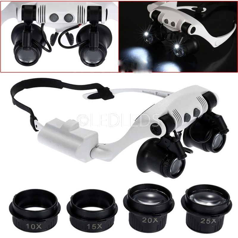 Image of Occhiali lente ingrandimento 10X 15X 20X 25X precisione oculari 4 lenti luci led