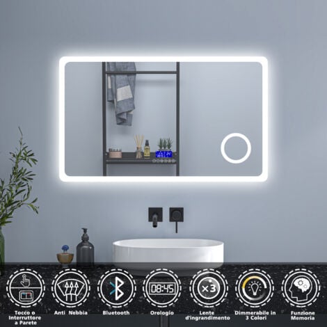 OCEAN 120x70cm Specchio da bagno rettangolare a LED, Bluetooth, antiappannamento, lente d'ingrandimento, orologio, tri-colore dimmerabile