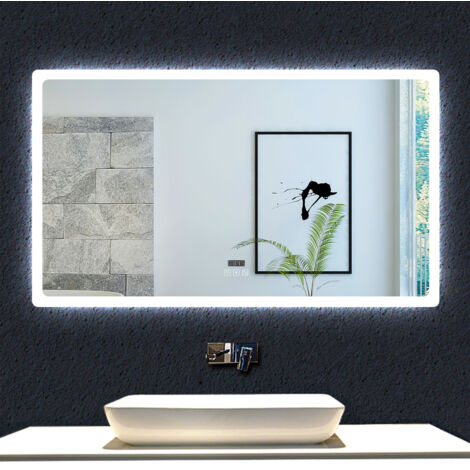 Ocean 140x80cm Miroir de salle de bain LED, affichage de l'heure et Bluetooth, 3 couleurs, anti-buée, mural, rectangulaire