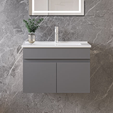 Ocean 59x38.5x40cm Meuble de salle de bain, meuble sous vasque, avec vasque en céramique, double porte, suspendu, anthracite