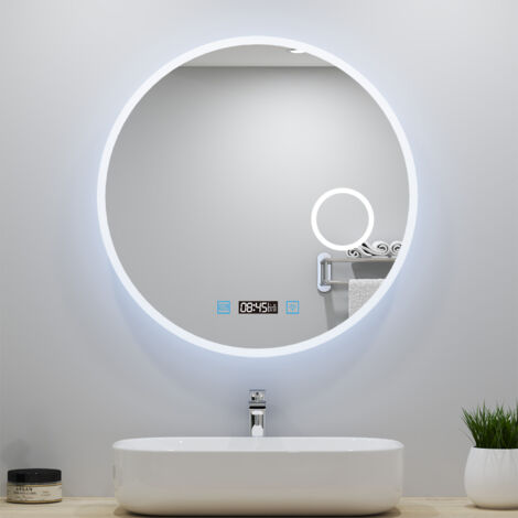 Ocean 70cm Miroir de salle de bain rond à LED, horloge + loupe 3x + tricolore + anti-buée, intensité réglable