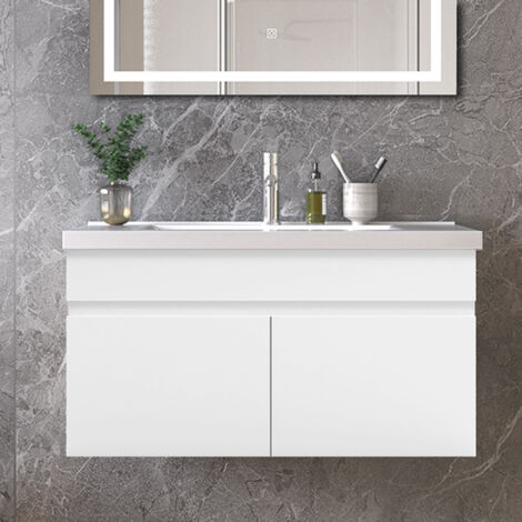 Ocean 79x45x40cm Meuble de salle de bain, meuble sous vasque, avec vasque en céramique, double porte, suspendu, blanc