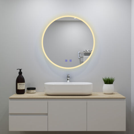 Ocean 80cm Miroir de salle de bain rond à LED, Bluetooth + 3 couleurs + fonction anti-buée, intensité lumineuse réglable, fonction mémoire, indice de protection IP44.
