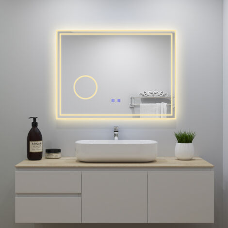 Ocean 80x60cm Miroir de salle de bain à LED, Bluetooth + loupe 3x + tricolore + anti-buée, rectangulaire
