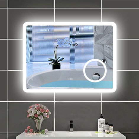 OCEAN 80x60cm Specchio da bagno rettangolare a LED, antiappannamento, Bluetooth, lente d'ingrandimento