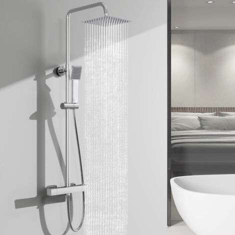 OCEAN Colonne de douche thermostatique élégante avec pomme de douche carrée, système de douche chromé réglable en hauteur pour toutes les salles de bains