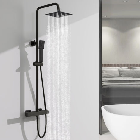 OCEAN Colonne de douche thermostatique, noir mat, avec douche carrée, réglable en hauteur, ensemble de douche en acier inoxydable, convient à toutes les salles de bains