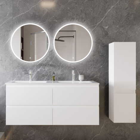 Ocean Ensemble de meubles de salle de bain, 1204652cm, meuble avec vasque + miroir LED rond + meuble colonne 110cm, blanc