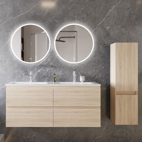 Ocean Ensemble de meubles de salle de bain, 1204652cm, meuble avec vasque + miroir LED rond + meuble colonne 110cm, Chêne