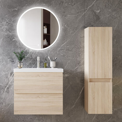 Ocean Ensemble de meubles de salle de bain, 6038,552cm, meuble avec vasque + miroir LED rond + meuble colonne 110cm, Chêne