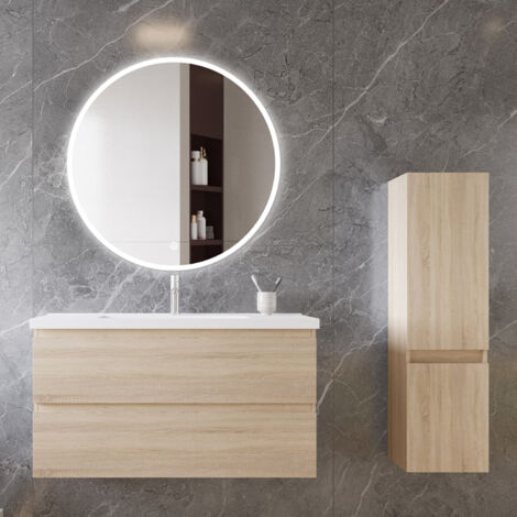 Ocean Ensemble de meubles de salle de bain, 994652cm, meuble avec vasque + miroir LED rond + meuble colonne 110cm, Chêne
