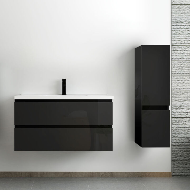 Ocean ensemble meuble salle de bain 100 cm noir brillant avec 2 tiroirs à fermeture automatique, lavabo céramique simple + colonne, suspendu