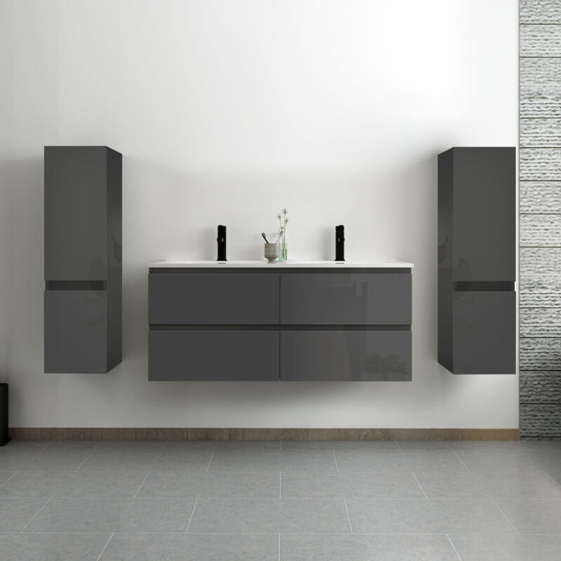 Ocean ensemble meuble salle de bain 120 cm anthracite brillant avec 4 tiroirs à fermeture automatique, double lavabo céramique + 2 colonnes, suspendu