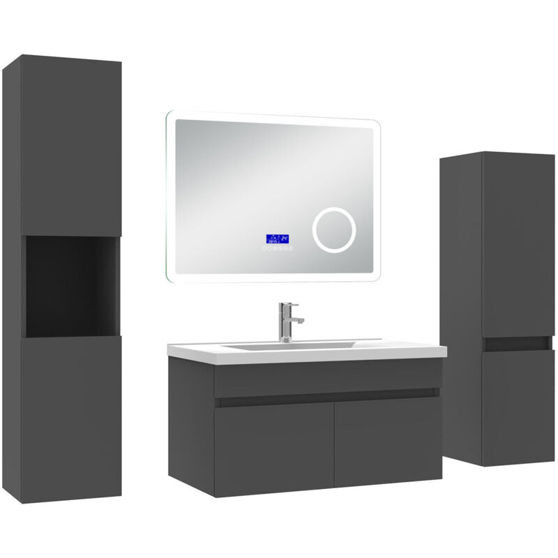 Ocean Ensemble meuble salle de bain 80 cm anthracite, lavabo céramique + 2 colonnes hautes + Miroir Bluetooth avec 3 couleurs dimmable, suspendu