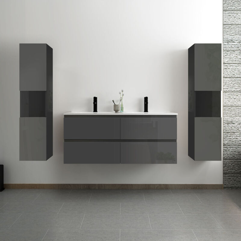 Ocean ensemble meuble salle de bain 120 cm anthracite brillant avec 4 tiroirs à fermeture automatique, double lavabo céramique + colonne haute x2,