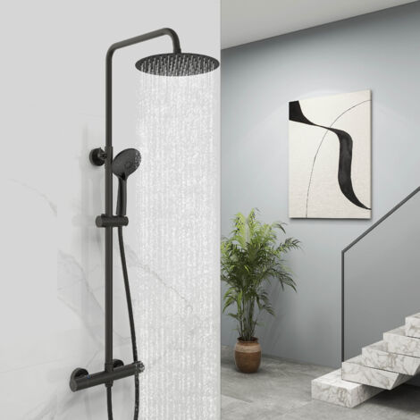 OCEAN ITALY Colonne doccia termostatiche, sistema doccia antiscottature, Miscelatore Doccia con Soffione 25cm acciaio inox e Doccetta 23X11cm, Altezza Regolabile 75-130cm, nero