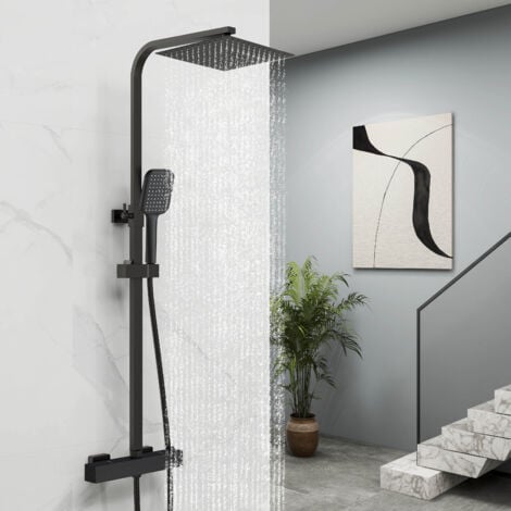 OCEAN ITALY Colonne doccia termostatiche, sistema doccia antiscottature, Miscelatore Doccia con Soffione 25cm acciaio inox e Doccetta 25X9cm, Altezza Regolabile 75-128cm, nero