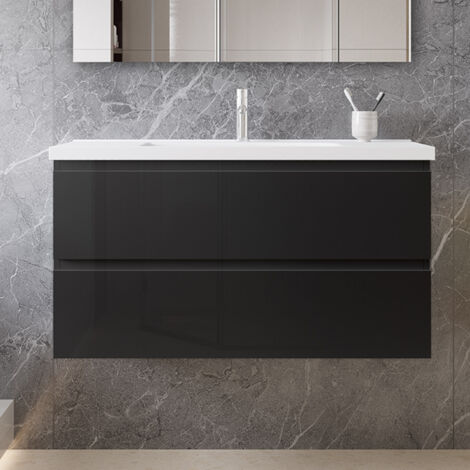 Ocean Meuble de salle de bain, noir haute brillance, avec lavabo en céramique， 99 x 46 x 52 cm