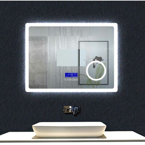 Ocean Miroir de Salle de Bain 80cmx60cm multifonctionnel avec couleur LED réglable + antibuée + Panneau LCD (Tactile, Haut-Parleur Bluetooth, Horloge, Date, Température) + Miroir grossissant
