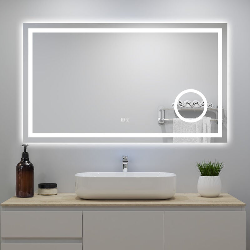 Acezanble - Miroir Lumineux avec Bluetooth 120 x 70cm, 3 Couleurs + Dimmable + Anti-buée + grossissant 3x,Mural Miroir Salle de Bain