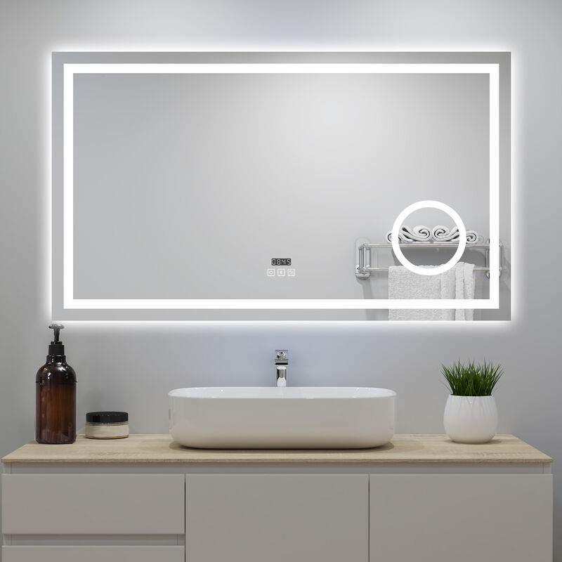 Miroir Lumineux avec Bluetooth 160 x 80cm, Horloge + 3 Couleurs + Dimmable + Anti-buée + grossissant 3x,Mural Miroir Salle de Bain - Acezanble