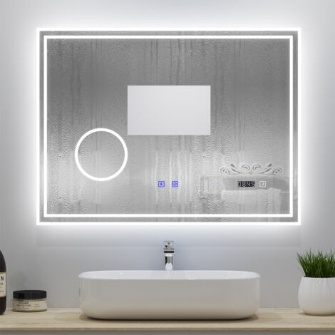 Ocean Miroir salle de bain + 3 couleurs miroir LED lumineux + anti-buée + bluetooth + horloge + miroir grossissant 3X + Horizontal 12070cm
