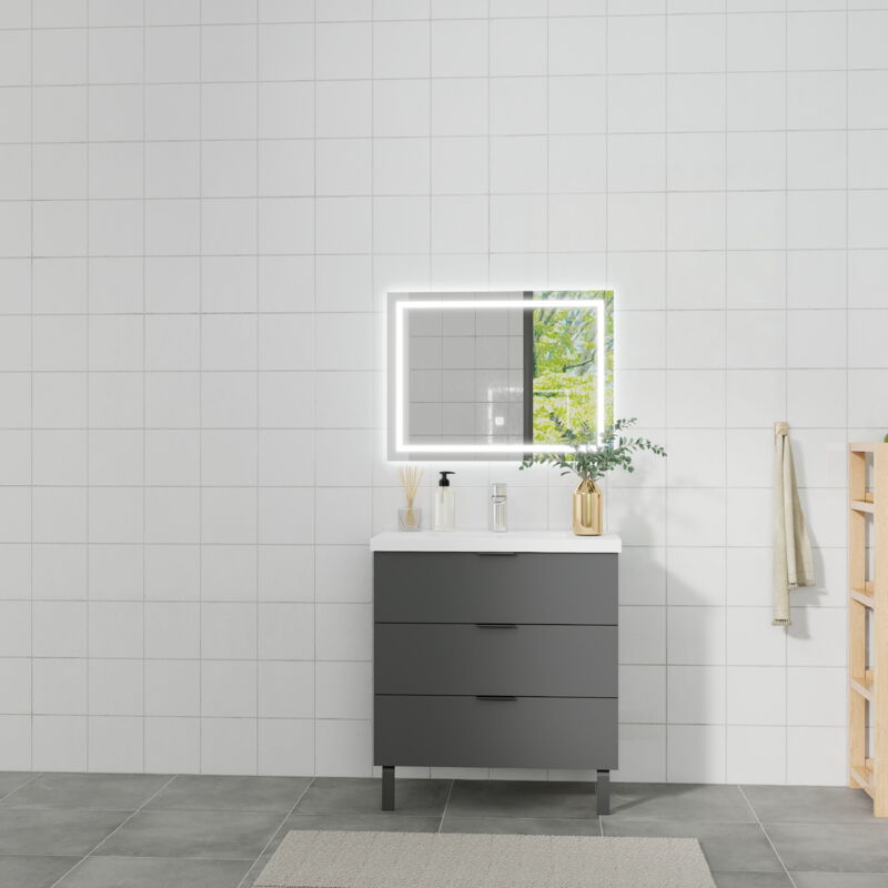 Ocean Mobile Da Bagno A Terra 80 Cm Con 3 Cassetti, Lavabo Da Incas...