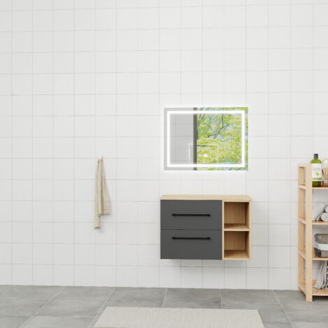 OCEAN Mobile da bagno sospeso con doppio cassetto 79cm + ripiano aperto, finitura rovere + nero, lavabo non incluso
