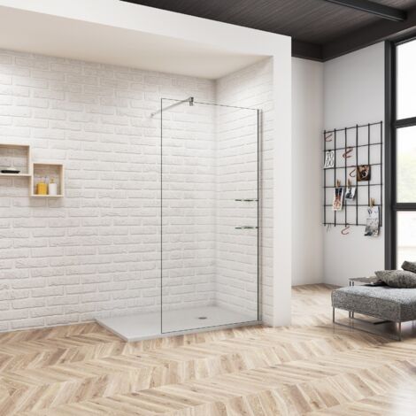 Océan Paroi de Douche Italienne 140x190cm - Barre de Stabilisation 90cm, Verre Trempé 8mm - 2 étagères en verre incluses