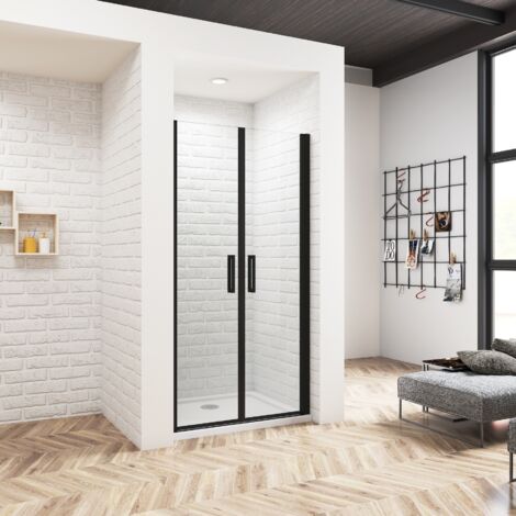 Océan Porte de douche battante 80x200 cm - Noir mat - Verre anticalcaire 8 mm - Étanchéité optimale - Pivot silencieux