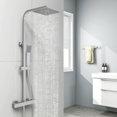 Ocean Sanitaire – Colonne de douche thermostatique avec robinet en laiton – Douche à effet pluie 20x20cm – Hauteur réglable 730-1150mm – Flexible inox 150cm