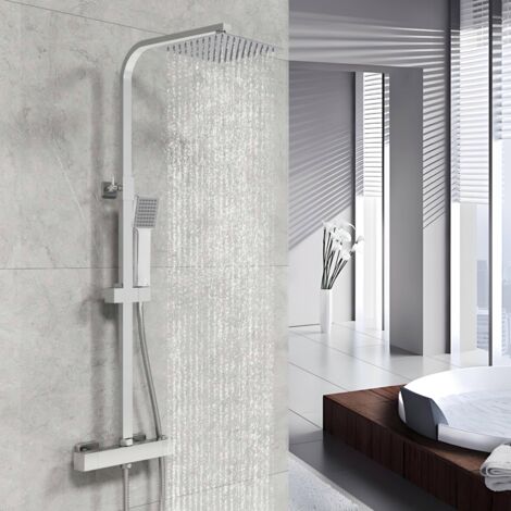 Ocean Sanitaire – Colonne de douche thermostatique en laiton – Douche de tête carrée 20 x 20 cm – Hauteur réglable 730-1150 mm – Mitigeur thermostatique 38°C