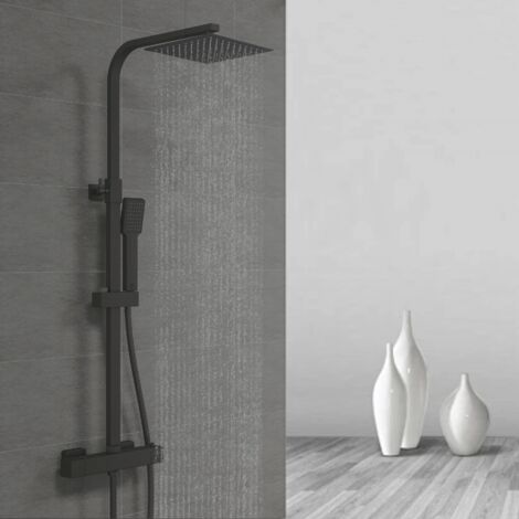 Ocean Sanitaire – Colonne de douche thermostatique noire – Ensemble en laiton avec tête carrée 20 x 20 cm – Hauteur réglable 730-1150 mm – Mitigeur anticalcaire