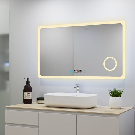 Ocean Sanitaire – Miroir lumineux de salle de bain 80x60cm – Éclairage LED 3 couleurs – Anti-buée – Miroir grossissant x3 – Horloge numérique intégrée