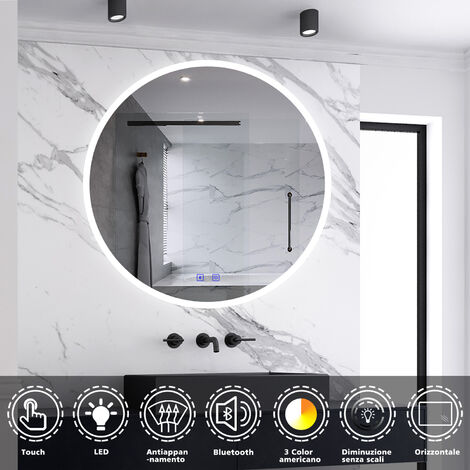 OCEAN Specchio Bagno LED Rotondo 80cmAntiappannamentoBluetoothLuce Modificabile(giallo caldo 2700k - bianco freddo 6500k)IP44