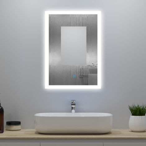 OCEAN Specchio con Luce Esterna LED Antiappannamento Specchio da Bagno Interruttore Tattile da Parete Dimmerabile 3 Colori (50x70 cm)