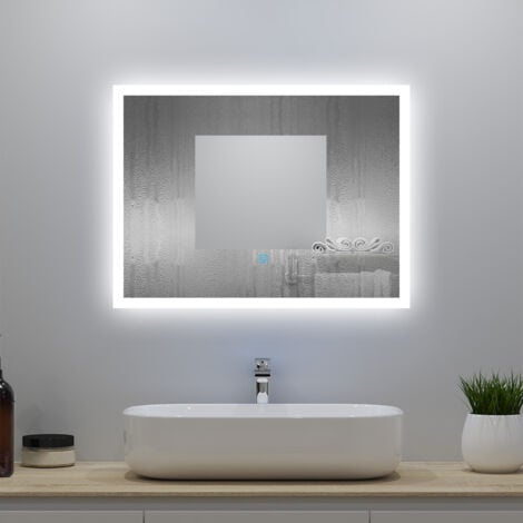 OCEAN Specchio con Luce Esterna LED Antiappannamento Specchio da Bagno Interruttore Tattile da Parete Dimmerabile 3 Colori (80x60 cm)