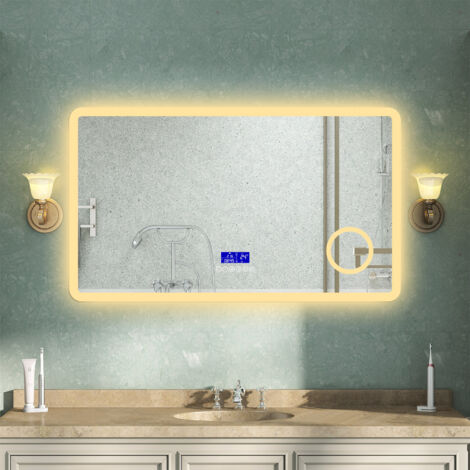 OCEAN Specchio da bagno 100x60cm con LED,Bluetooth,Lente d'ingrandimento,3 colori,Dimmerabile,Orologio, Antiappannamento,Memoria,IP44, Vetro HD