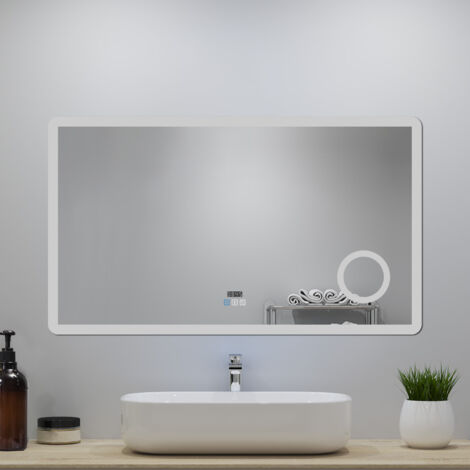 OCEAN Specchio da bagno 140x80cm con LED,Bluetooth,Lente d'ingrandimento,3 colori,Dimmerabile,Orologio, Antiappannamento,Memoria,IP44, Vetro HD